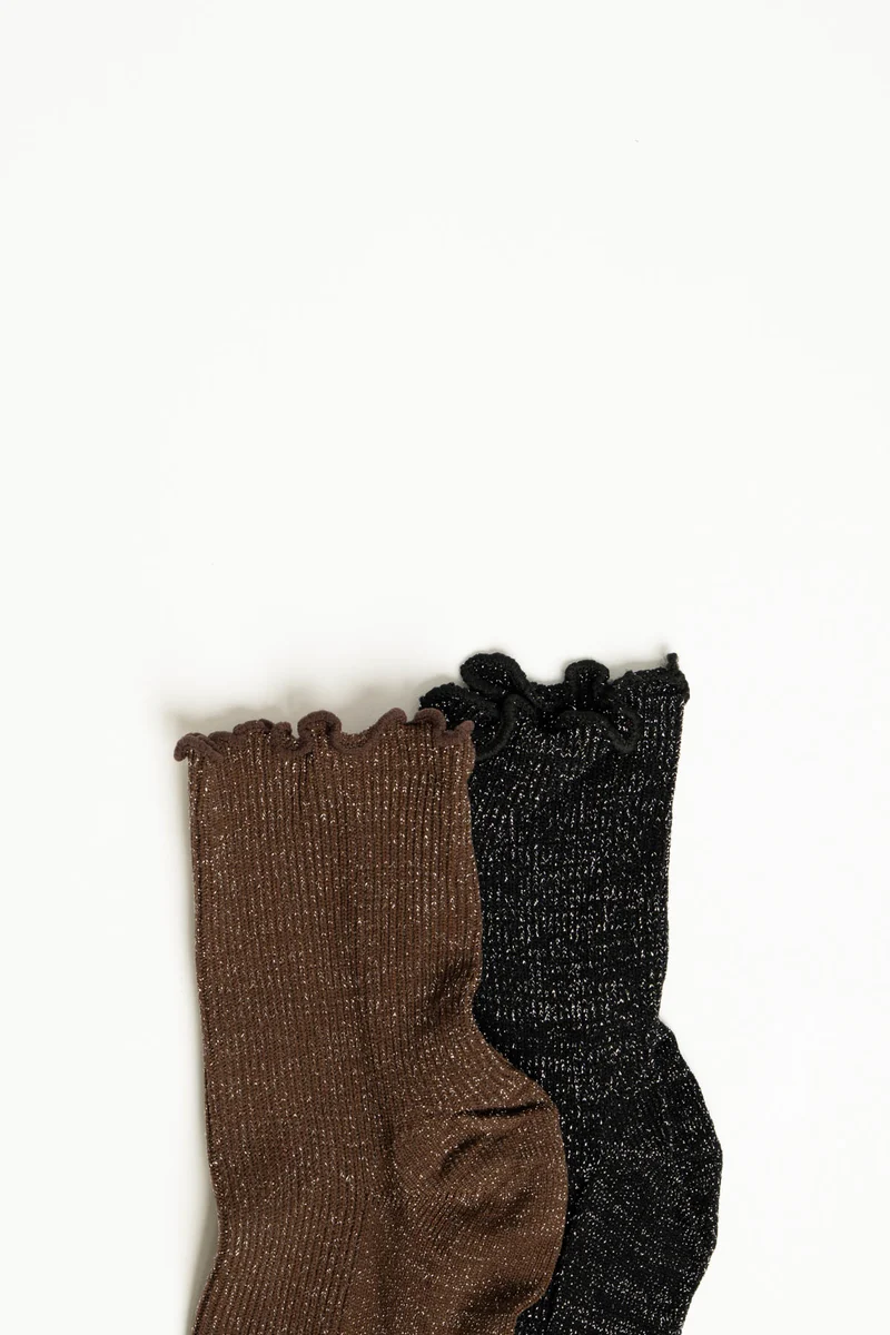 Set da due paia di calzini in maglia lurex cioccolato/nero