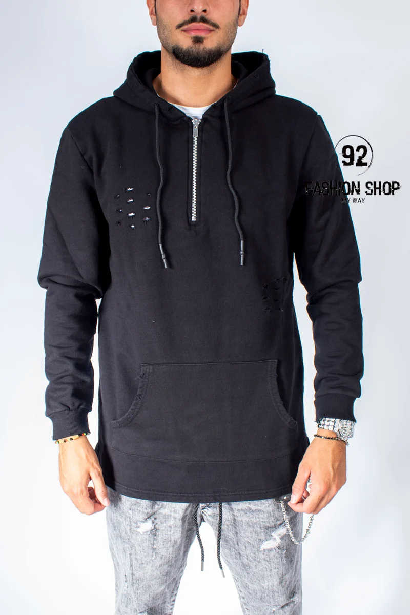 FELPA UOMO BLACKSVNDAY OVERSIZE NERA FORATA TASCA ANTERIORE CAPPUCCIO E ZIP A META' ART. FE51