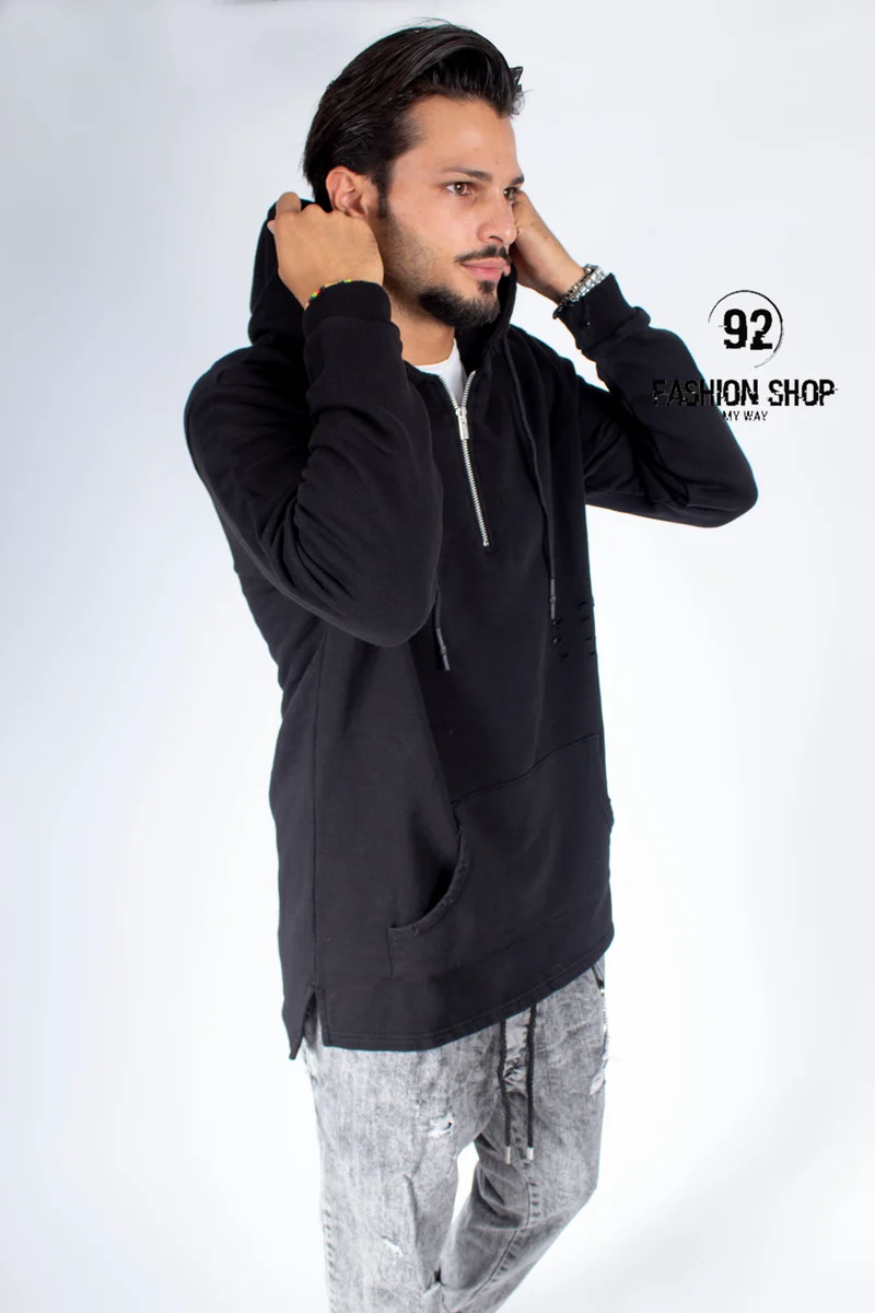 FELPA UOMO BLACKSVNDAY OVERSIZE NERA FORATA TASCA ANTERIORE CAPPUCCIO E ZIP A META' ART. FE51