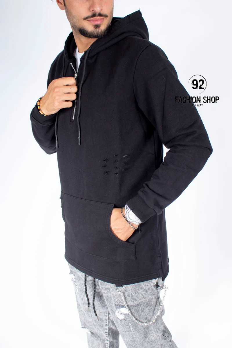 FELPA UOMO BLACKSVNDAY OVERSIZE NERA FORATA TASCA ANTERIORE CAPPUCCIO E ZIP A META' ART. FE51