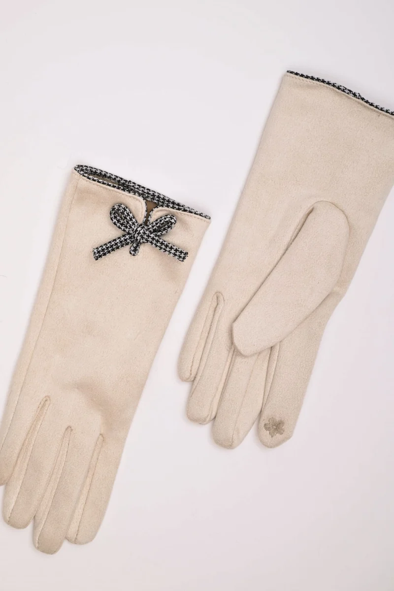Guanti beige con fiocco pied de poule