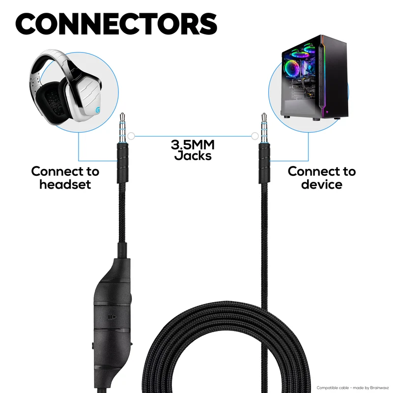 Cavo audio sostitutivo compatibile con Logitech G633, G635, G933, G935 – Microfono/telecomando in linea con controllo del volume e disattivazione dell'audio – Cavo per cuffie da gioco intrecciato in nylon