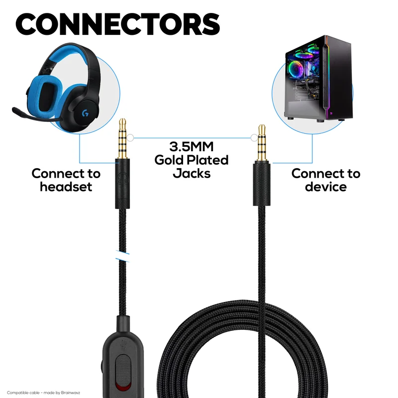 Cavo audio sostitutivo compatibile con Logitech G Pro, G Pro X, G433, G233 – Telecomando in linea con controllo del volume e disattivazione dell'audio