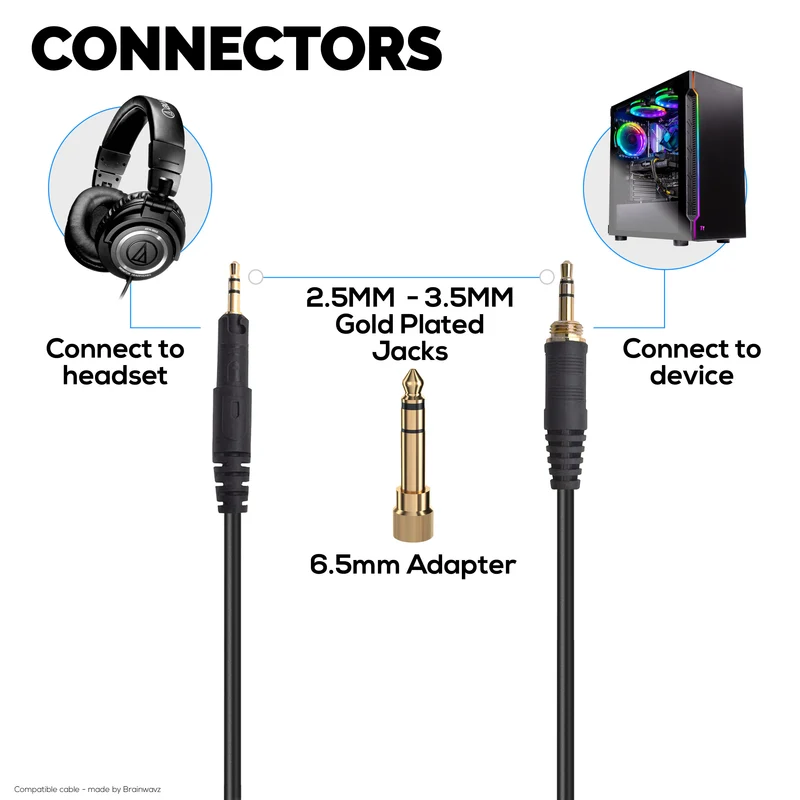 Cavo audio sostitutivo a spirale compatibile con Audio-Technica ATH-M50x, M40x, M70x, M60x - Jack placcati in oro da 2.5 mm a 3.5 mm con adattatore da 6.5 ​​mm