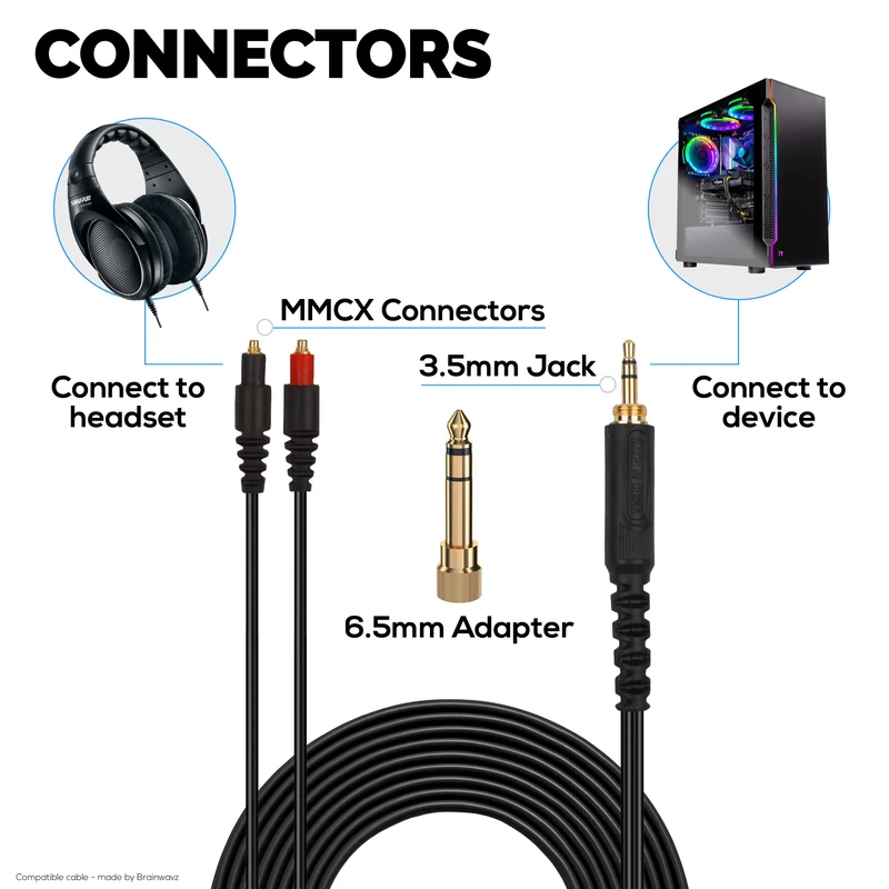 Cavo audio sostitutivo compatibile con le cuffie Shure SRH1440, SRH1540, SRH1840 – Connettori placcati in oro da MMCX a 3.5 mm con adattatore da 6.5 ​​mm