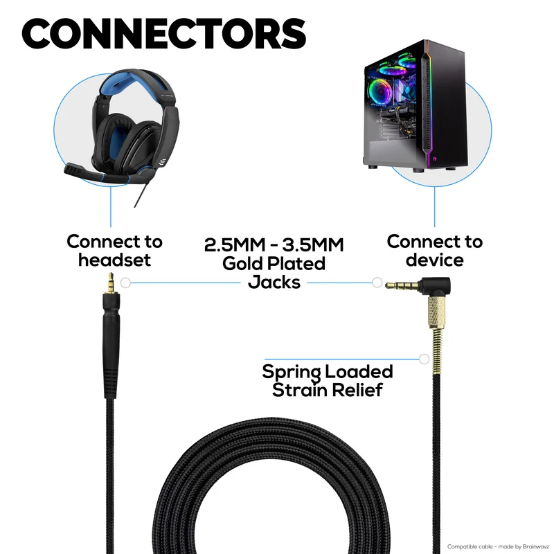 Cavo audio sostitutivo compatibile con Sennheiser GSP300, GSP350, GSP600 – Cavo in nylon intrecciato, jack ad angolo retto da 3.5 mm e jack placcati in oro da 2.5 mm