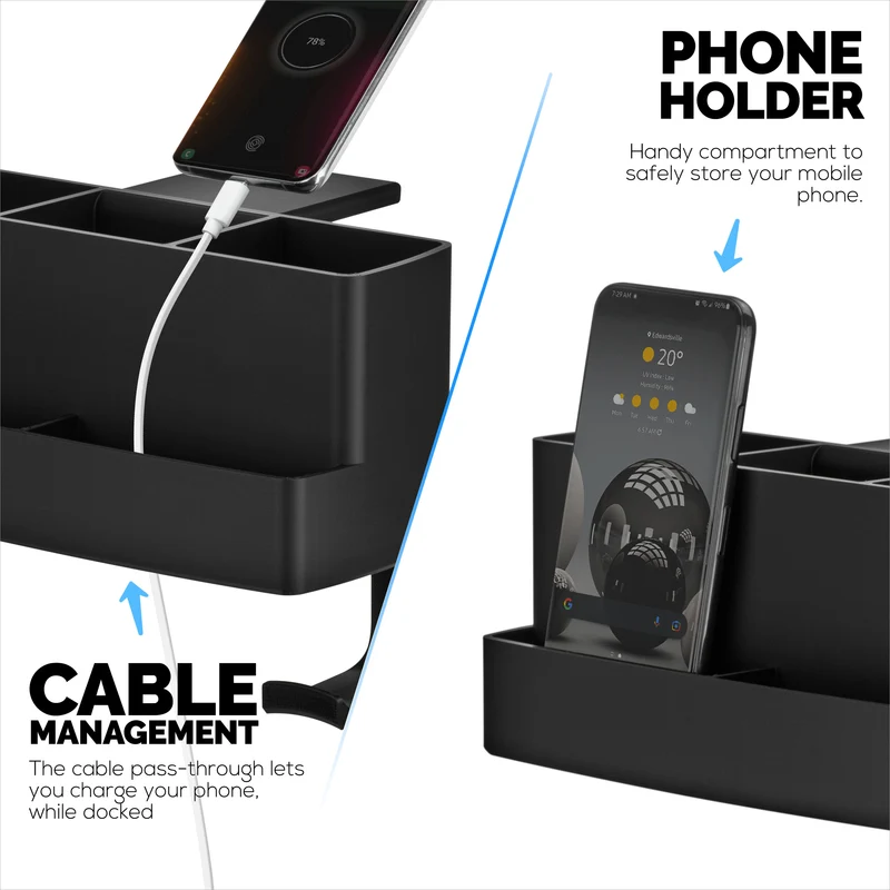 Supporto per telecomando, cancelleria, cuffie e telefono, supporto per tavoli e scrivanie, facile da installare, morsetto regolabile, adatto per telecomandi di diverse dimensioni, penne, matite, cuffie, telefoni e altro ancora