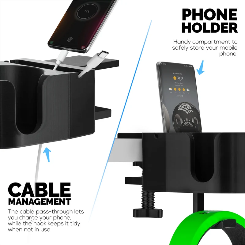 Portabicchieri da scrivania con gancio per cuffie e telefono, portapenne e cancelleria - Morsetto regolabile, si installa su scrivanie e tavoli, sostiene tazze e bicchieri fino a 10 cm di diametro