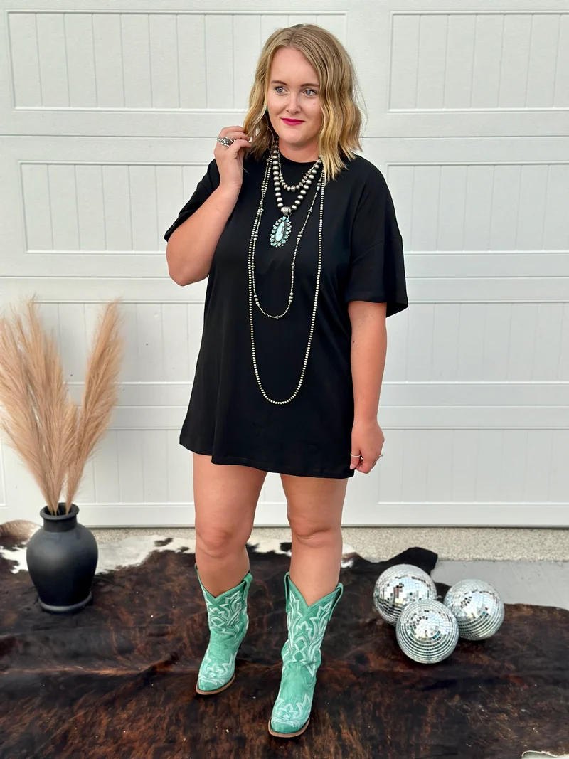 Rhinestone Fringe Black T-shirt Dress