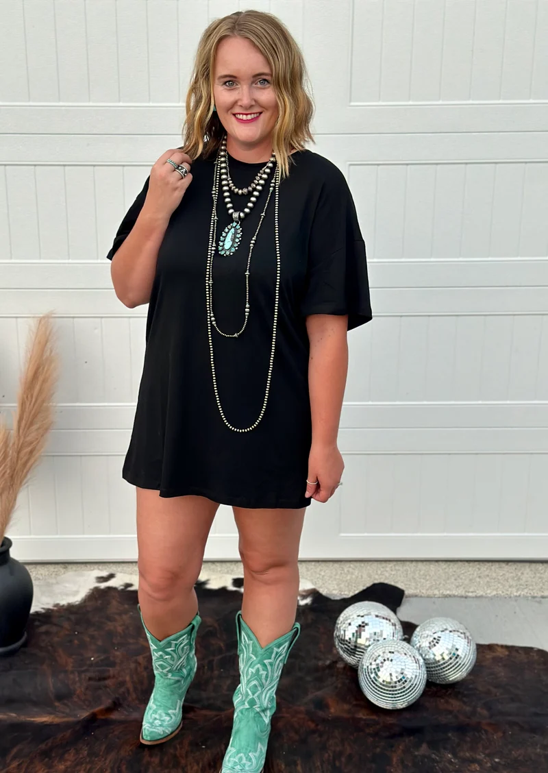 Rhinestone Fringe Black T-shirt Dress