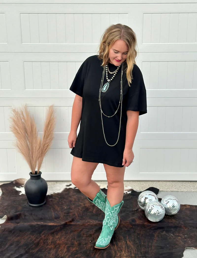 Rhinestone Fringe Black T-shirt Dress