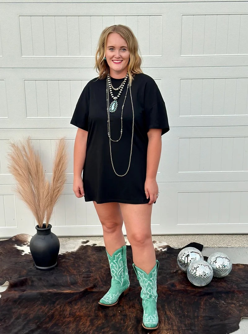 Rhinestone Fringe Black T-shirt Dress