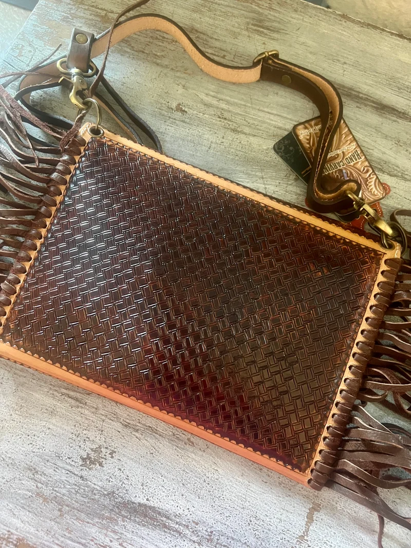 Floral Tooled Leather Fringe Crossbody
