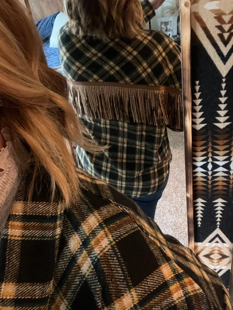 Plaid Rhinestone Fringe Back Jacket