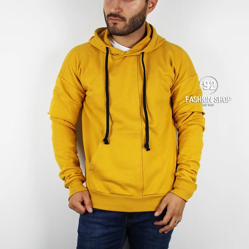 FELPA UOMO CON CAPPUCCIO DOPPIA MANICA SENAPE TASCONE ANTERIORE ART. FE23