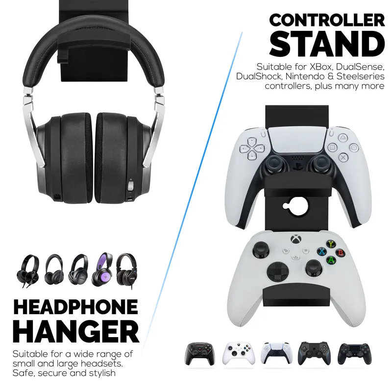 The Grebe - Supporto per cuffie e doppio controller di gioco - Si fissa al lato della scrivania, supporto per cuffie sotto la scrivania, adatto a tutte le cuffie e gamepad