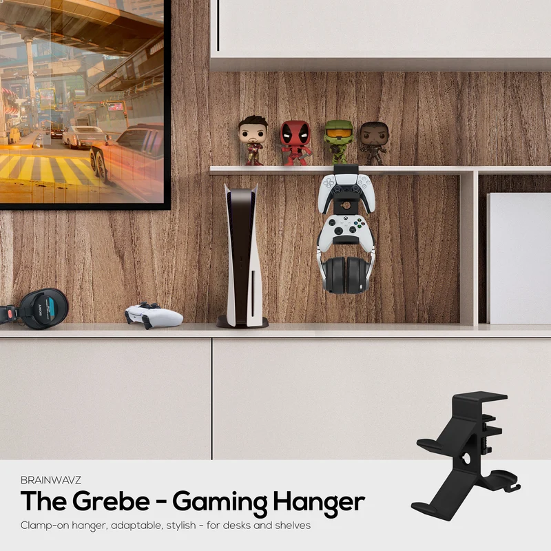 The Grebe - Supporto per cuffie e doppio controller di gioco - Si fissa al lato della scrivania, supporto per cuffie sotto la scrivania, adatto a tutte le cuffie e gamepad