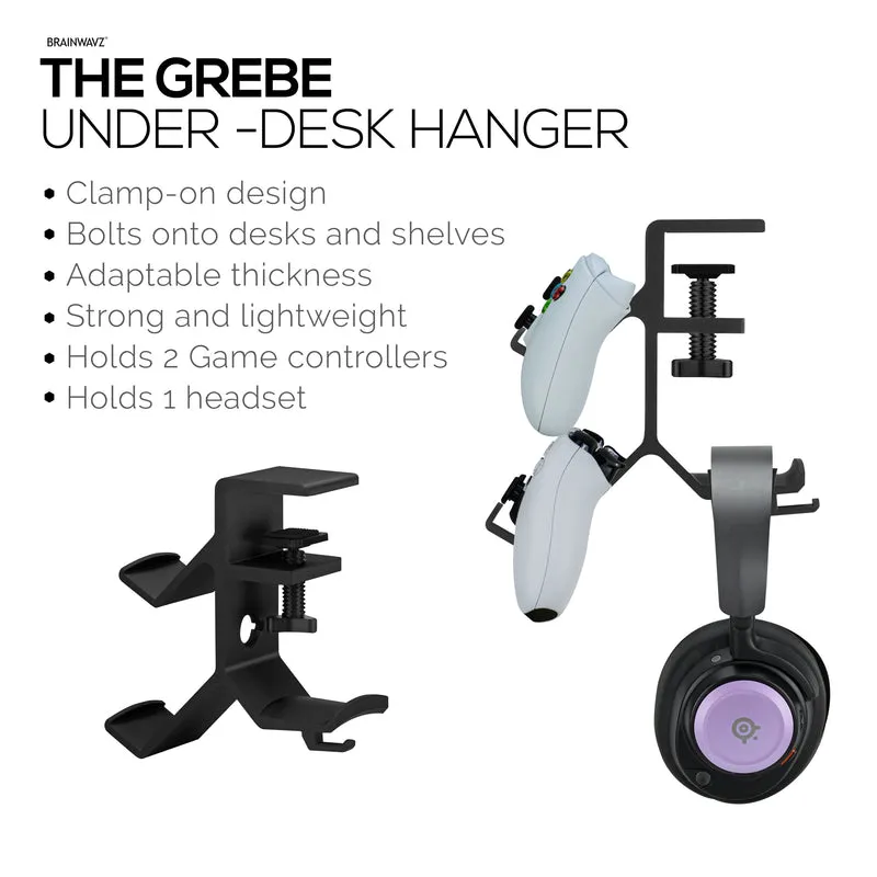 The Grebe - Supporto per cuffie e doppio controller di gioco - Si fissa al lato della scrivania, supporto per cuffie sotto la scrivania, adatto a tutte le cuffie e gamepad