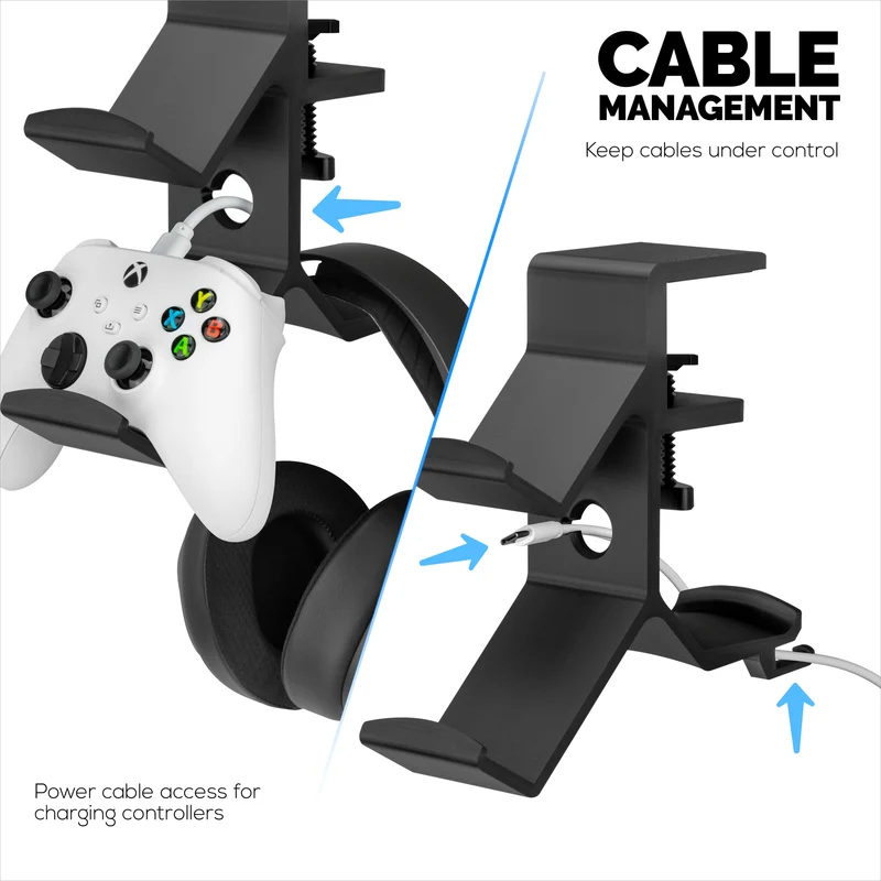 The Grebe - Supporto per cuffie e doppio controller di gioco - Si fissa al lato della scrivania, supporto per cuffie sotto la scrivania, adatto a tutte le cuffie e gamepad