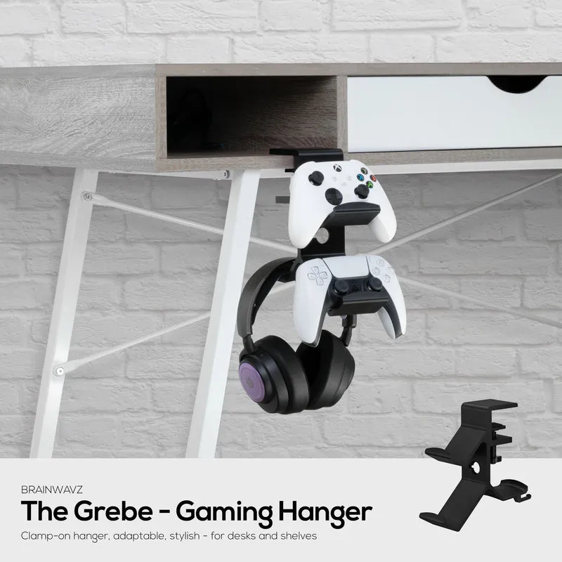 The Grebe - Supporto per cuffie e doppio controller di gioco - Si fissa al lato della scrivania, supporto per cuffie sotto la scrivania, adatto a tutte le cuffie e gamepad