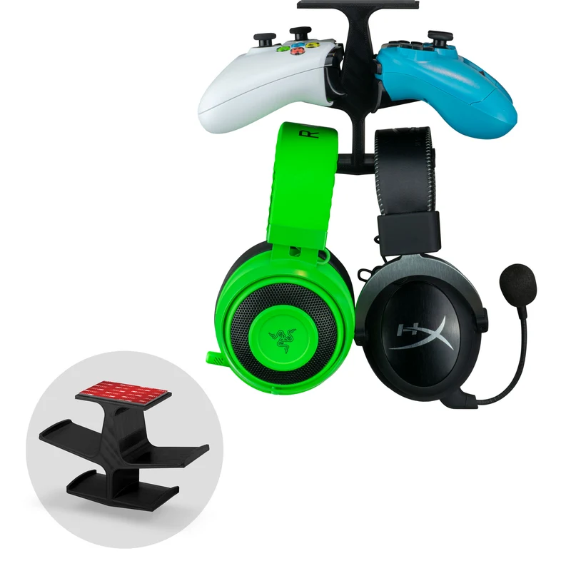 The Anvil - Doppio controller sotto la scrivania e doppio gancio per cuffie - Montaggio adesivo, facile da installare, senza viti