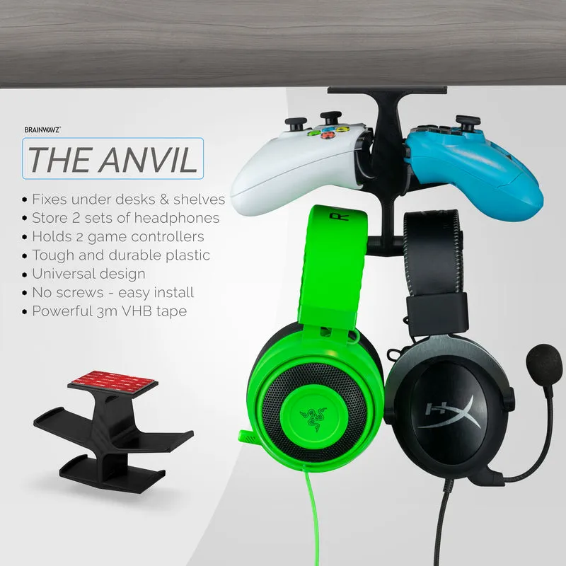 The Anvil - Doppio controller sotto la scrivania e doppio gancio per cuffie - Montaggio adesivo, facile da installare, senza viti