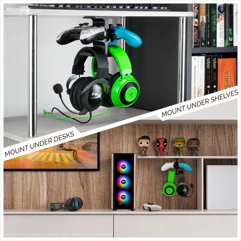 The Anvil - Doppio controller sotto la scrivania e doppio gancio per cuffie - Montaggio adesivo, facile da installare, senza viti