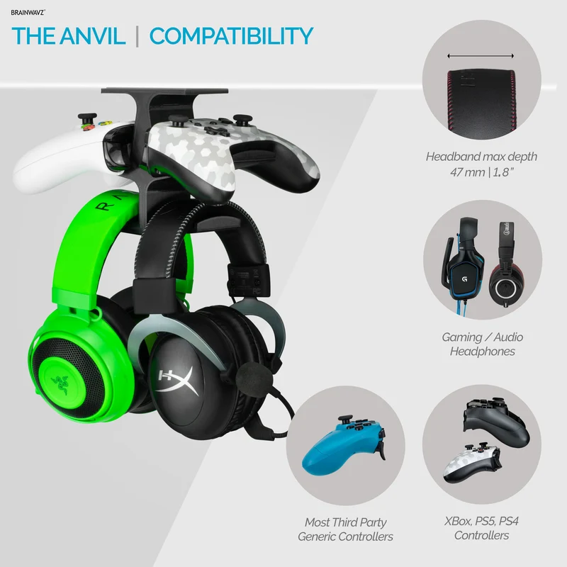 The Anvil - Doppio controller sotto la scrivania e doppio gancio per cuffie - Montaggio adesivo, facile da installare, senza viti