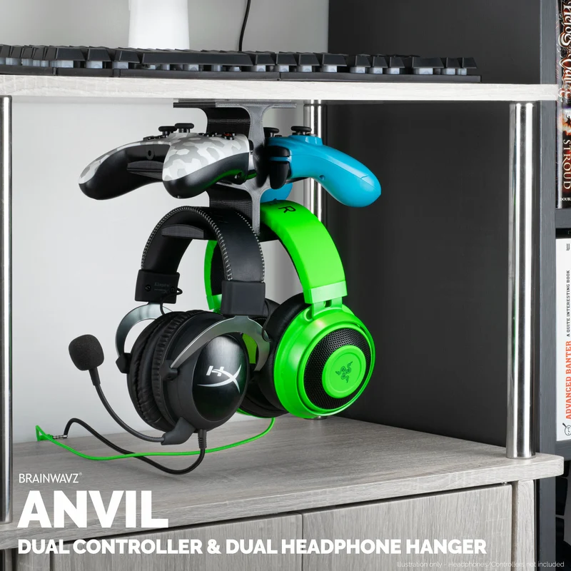 The Anvil - Doppio controller sotto la scrivania e doppio gancio per cuffie - Montaggio adesivo, facile da installare, senza viti