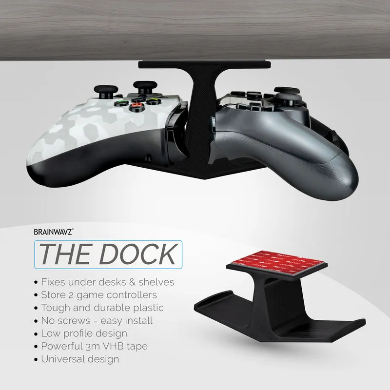 The Dock - Doppio gancio per controller di gioco sotto la scrivania per Xbox, PS5/PS4, supporto universale, nessun disordine e facile da installare