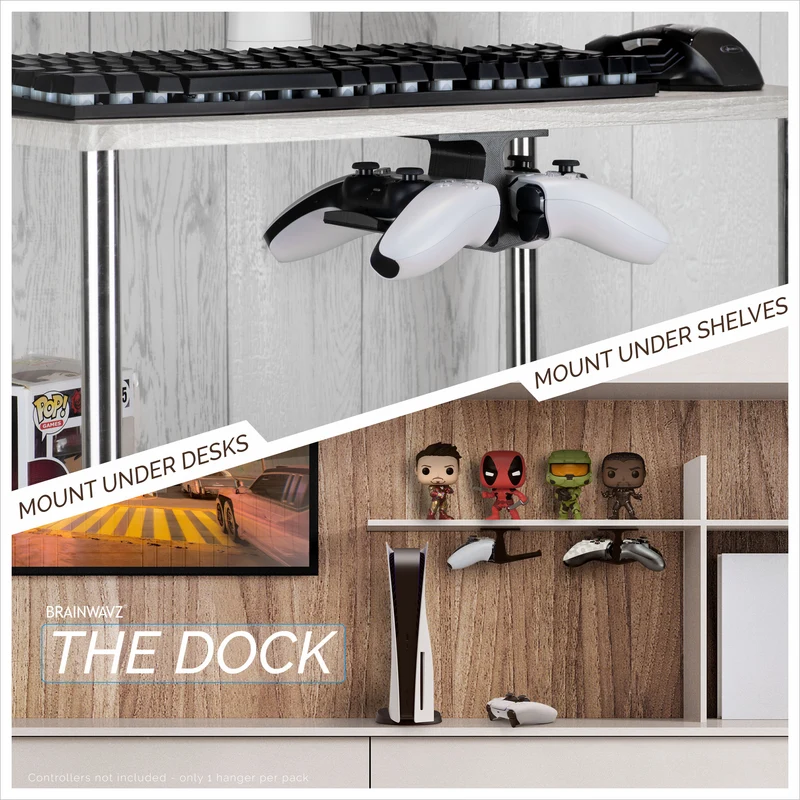 The Dock - Doppio gancio per controller di gioco sotto la scrivania per Xbox, PS5/PS4, supporto universale, nessun disordine e facile da installare