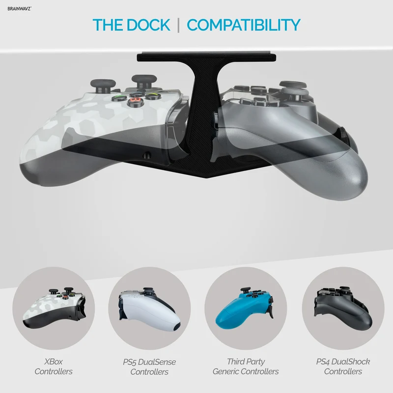 The Dock - Doppio gancio per controller di gioco sotto la scrivania per Xbox, PS5/PS4, supporto universale, nessun disordine e facile da installare
