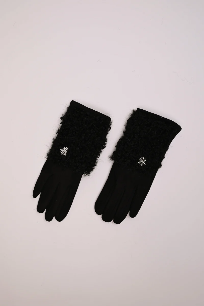 Guanti con decorazione in shearling + spilla