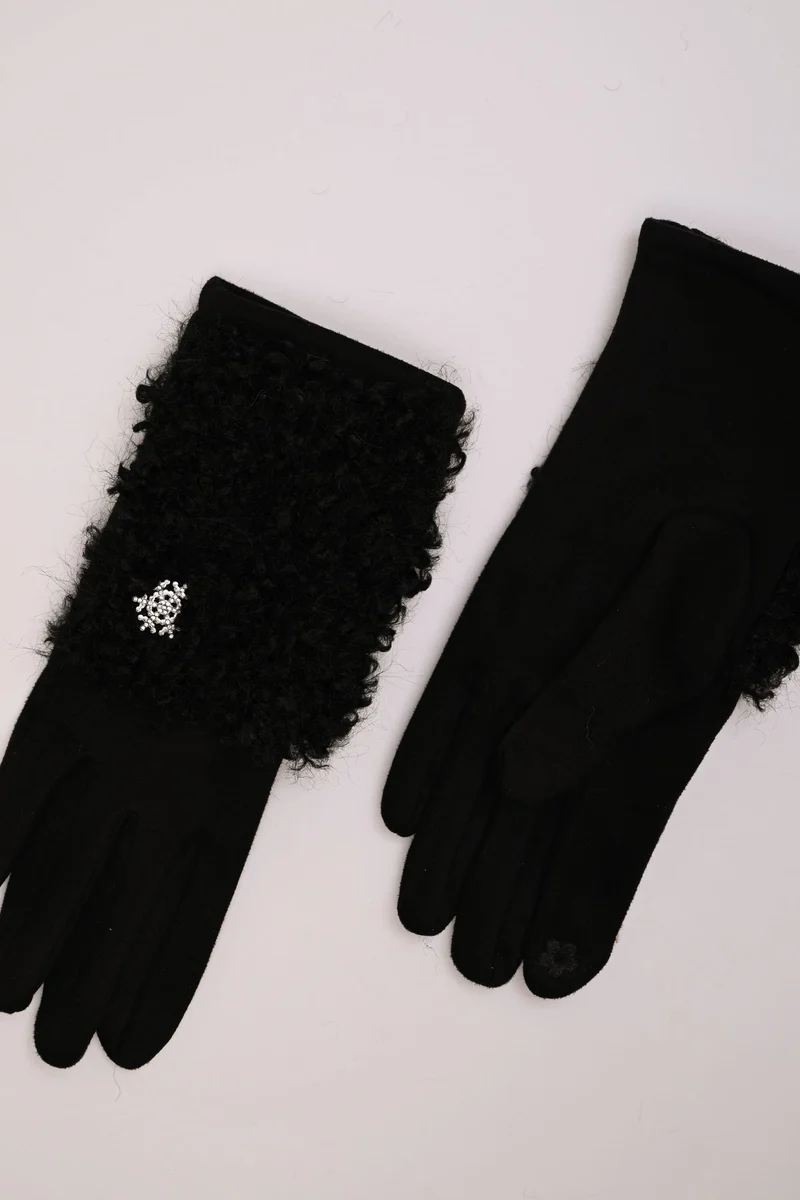 Guanti con decorazione in shearling + spilla