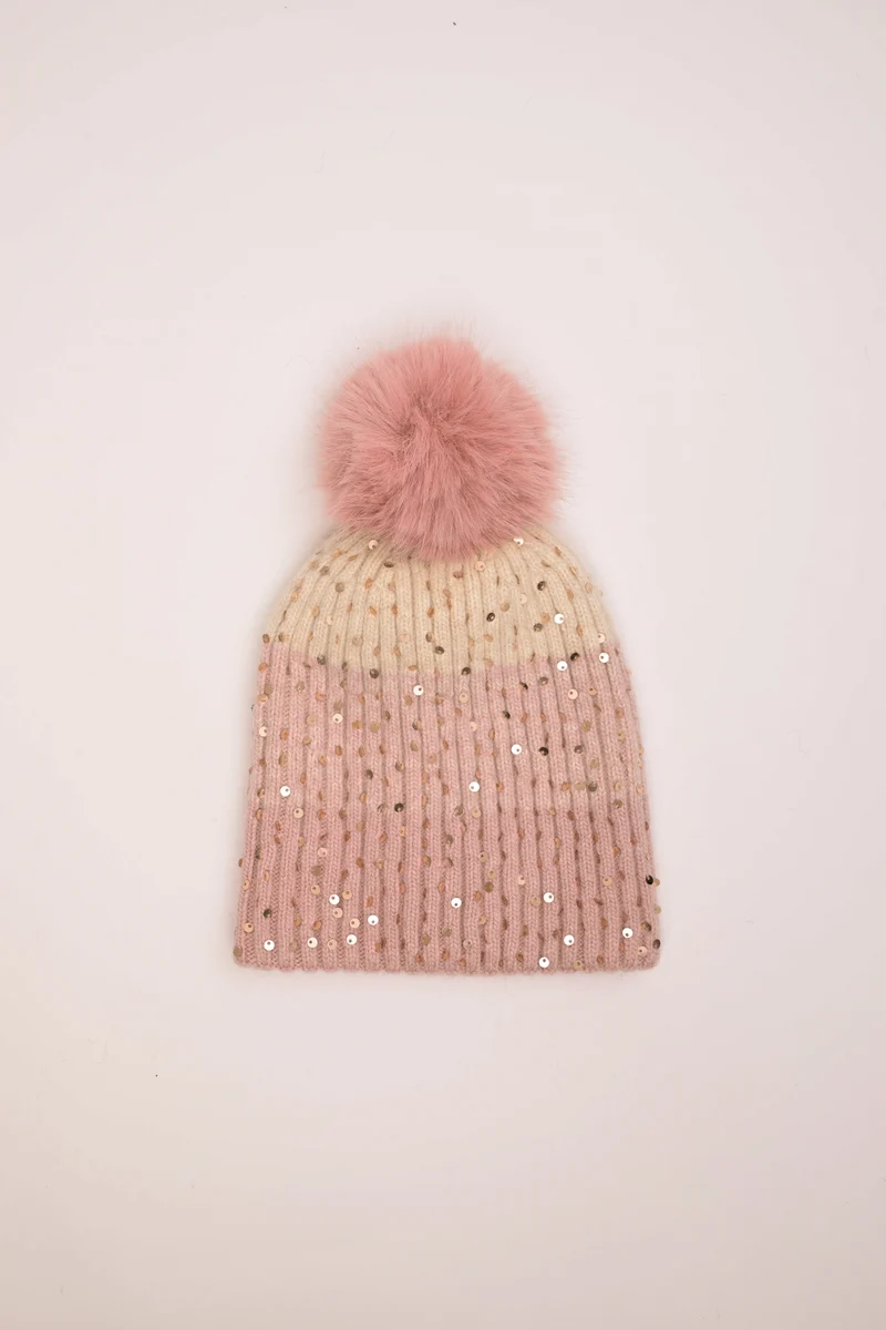 Berretto color-block con paillettes e pompon