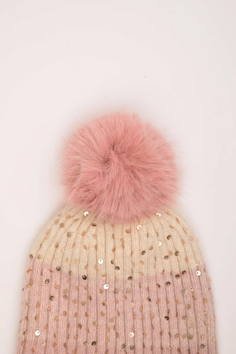 Berretto color-block con paillettes e pompon