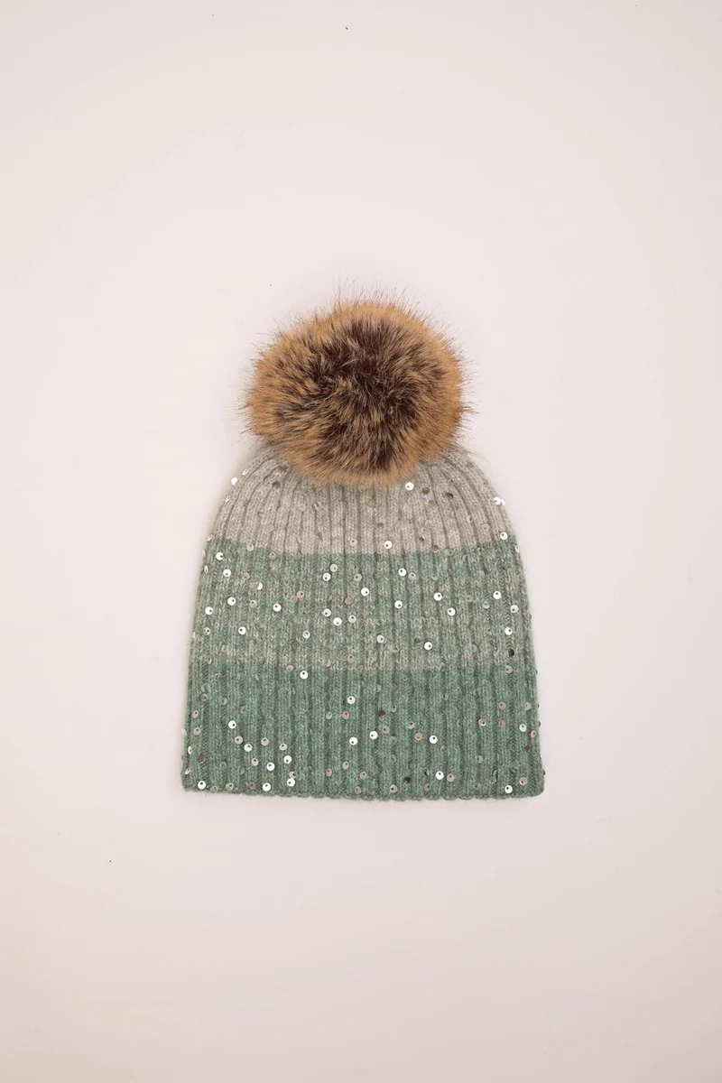 Berretto color-block con paillettes e pompon