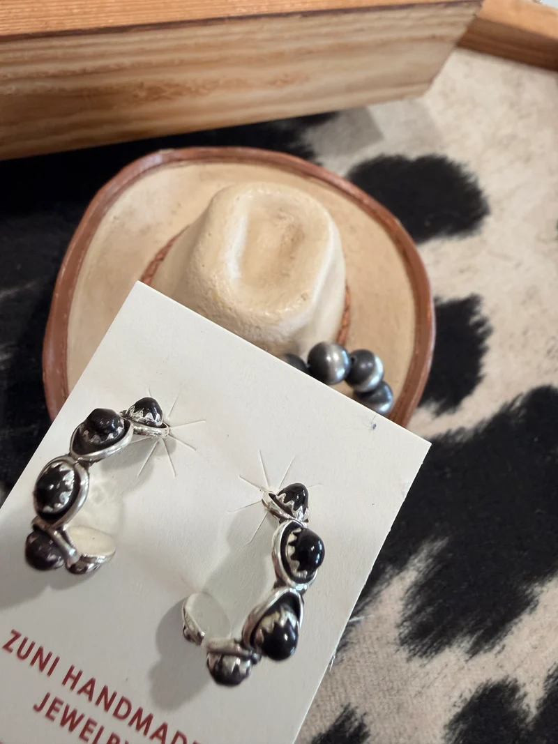 Black Onyx Stone Hoop Earrings 1.5”