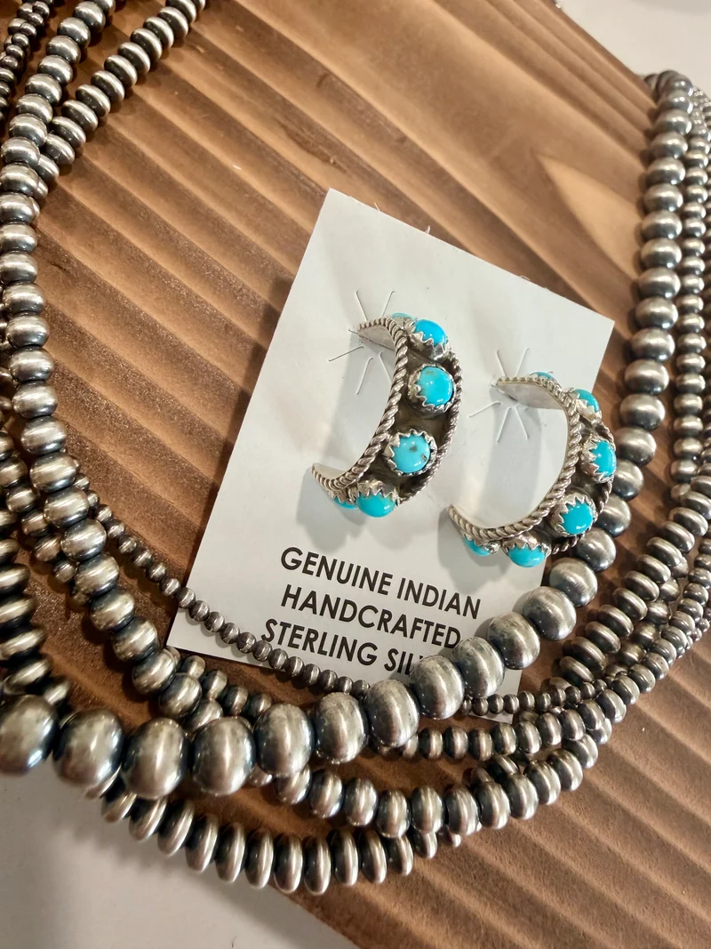 Navajo Made Kingman Turquoise Hoop Earrings