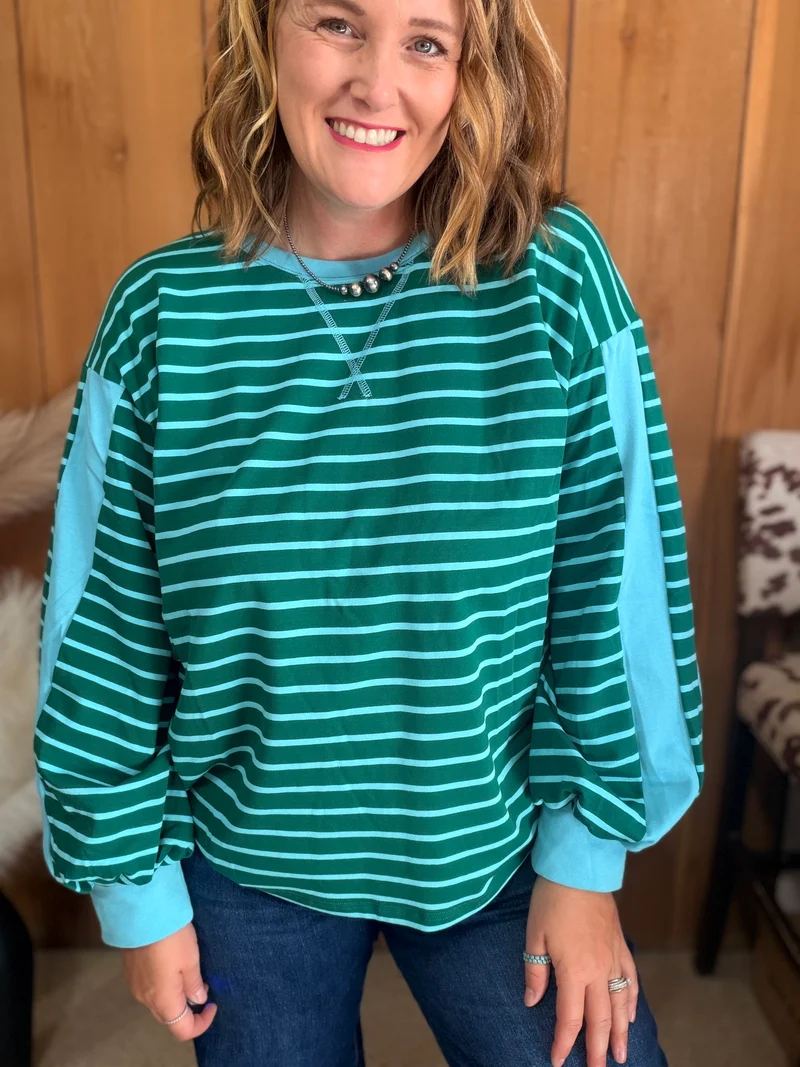 Hunter Green / Blue Stripe Puff Sleeve Top