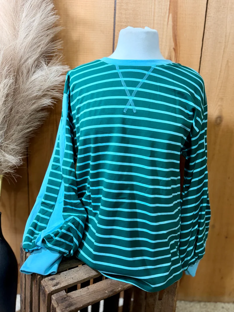 Hunter Green / Blue Stripe Puff Sleeve Top