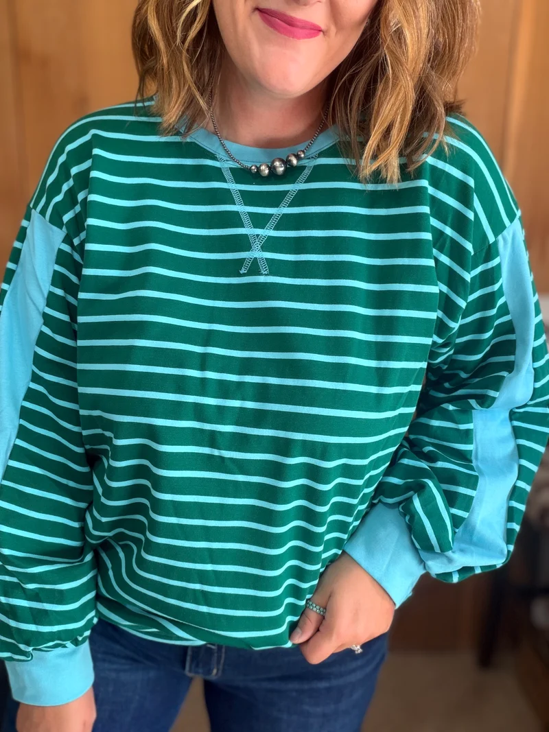 Hunter Green / Blue Stripe Puff Sleeve Top