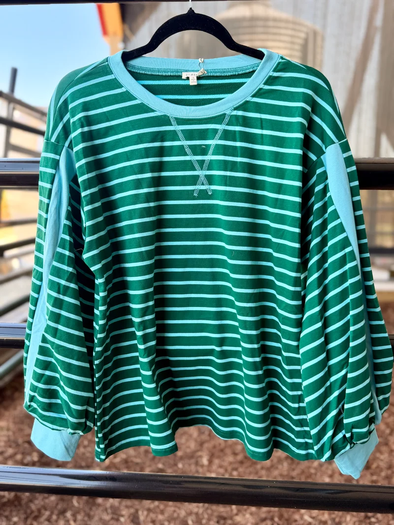 Hunter Green / Blue Stripe Puff Sleeve Top