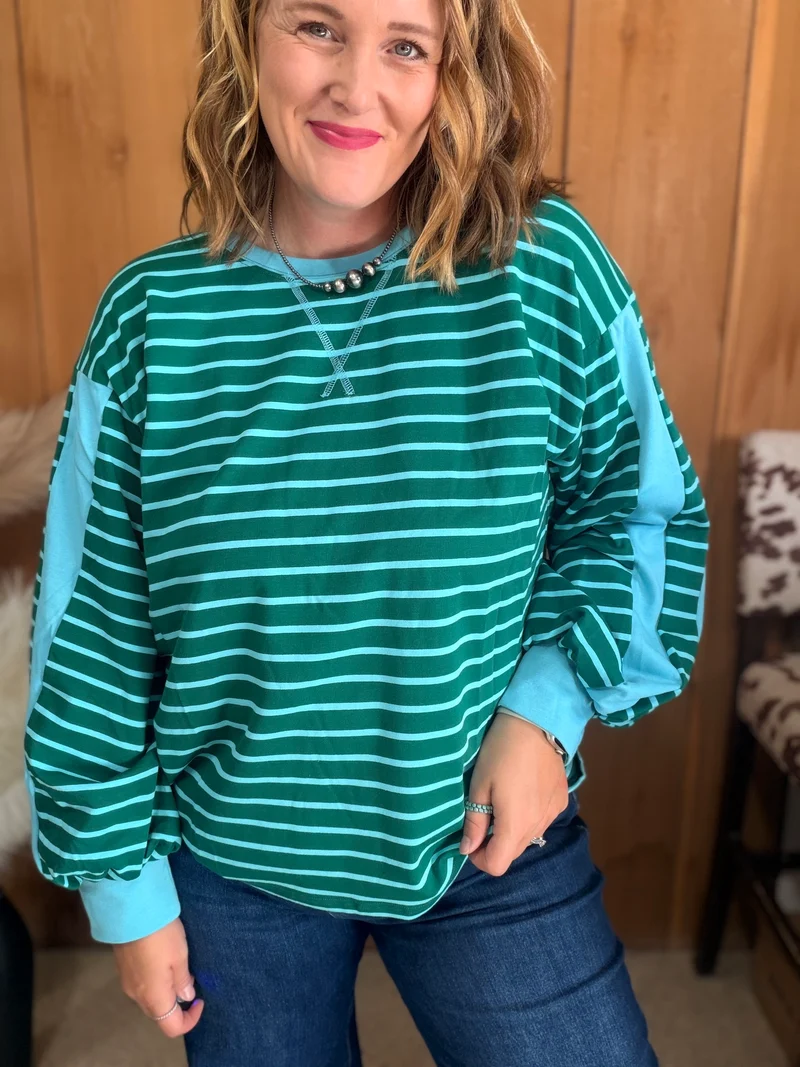 Hunter Green / Blue Stripe Puff Sleeve Top