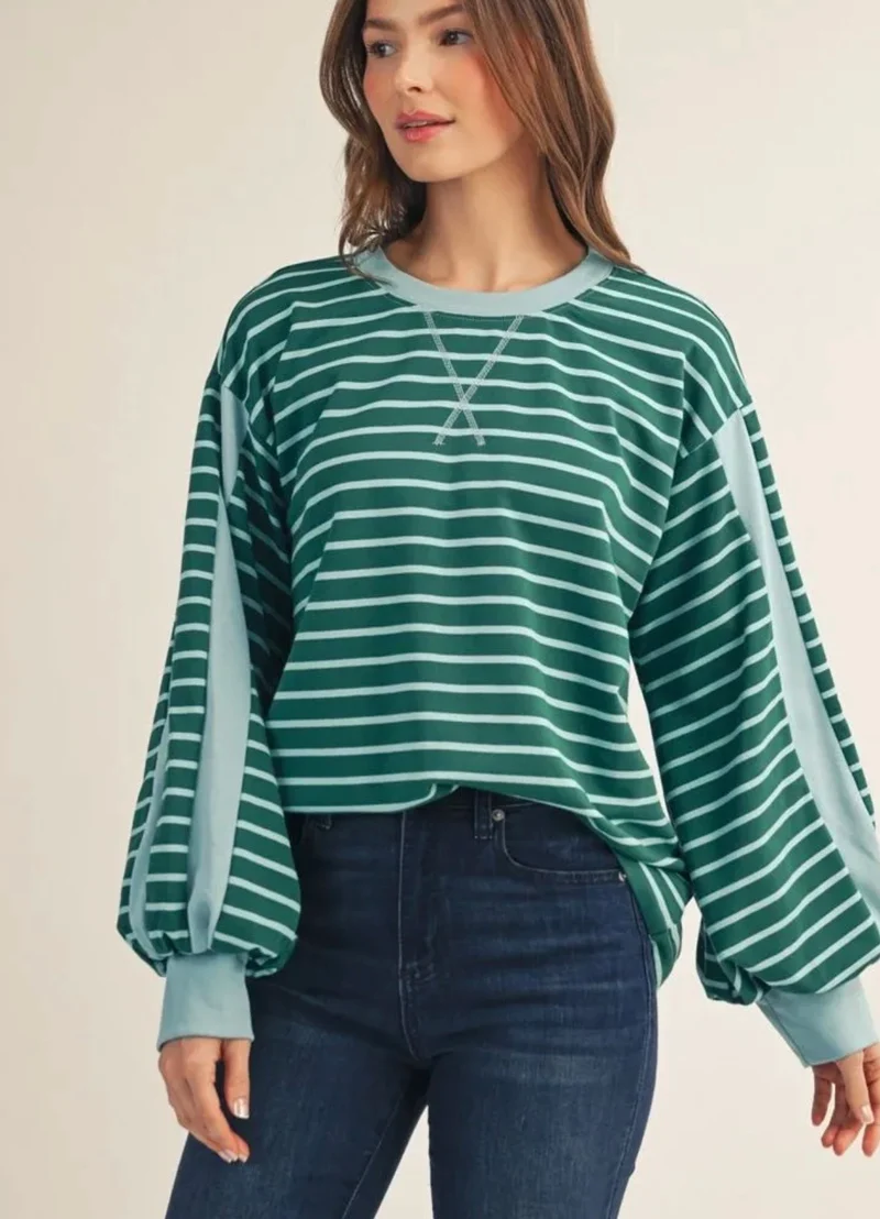 Hunter Green / Blue Stripe Puff Sleeve Top