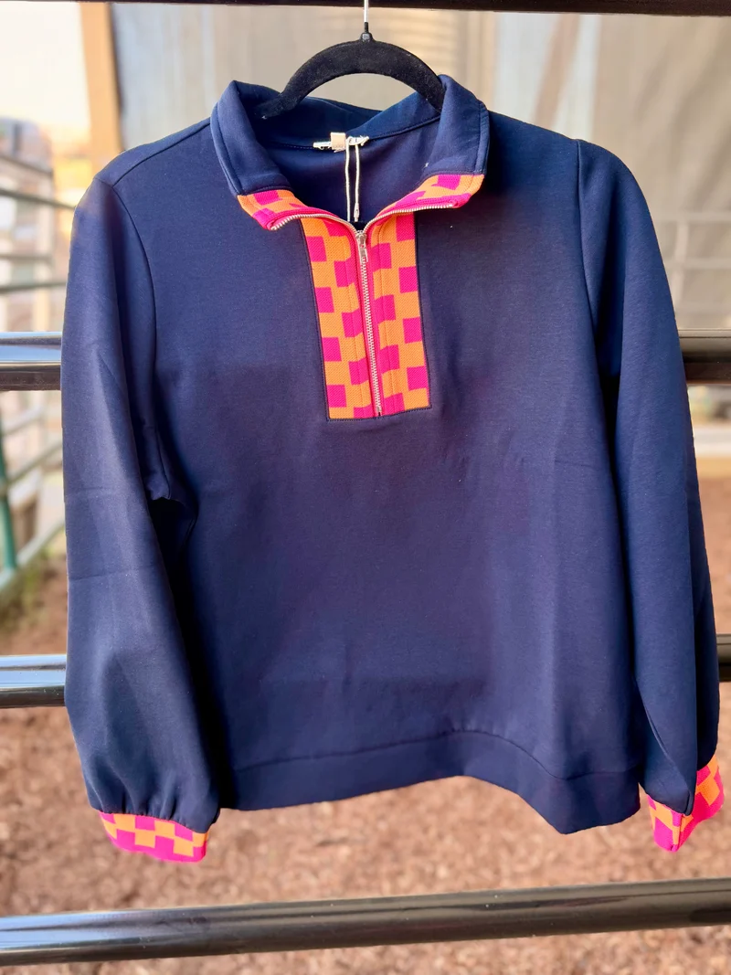 Navy Checker Contrast 1/4 Zip Sweatshirt