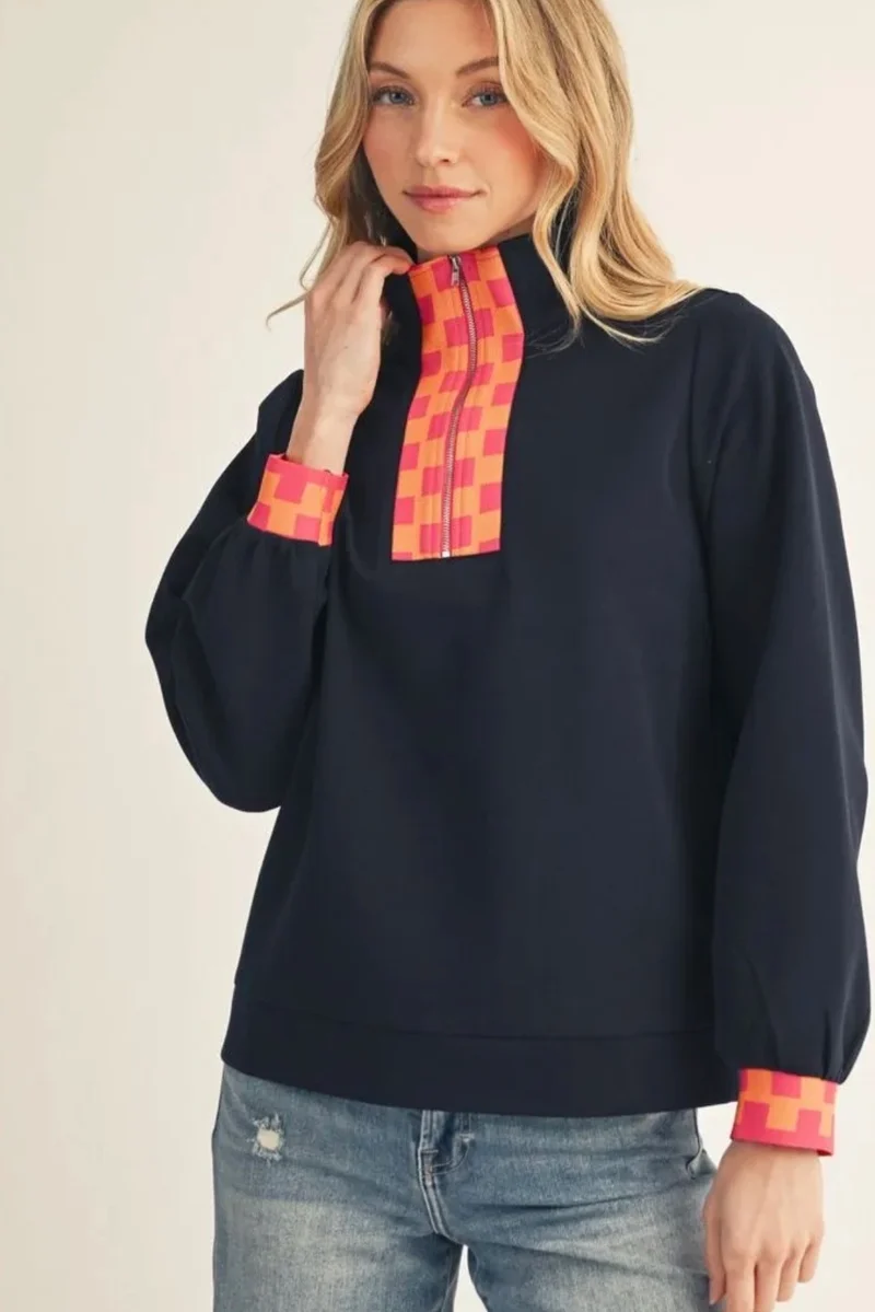 Navy Checker Contrast 1/4 Zip Sweatshirt