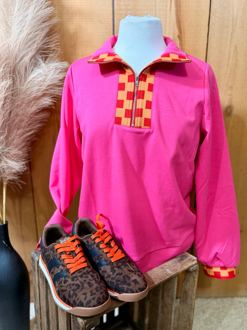 Hot Pink Checker Contrast 1/4 Zip Sweatshirt