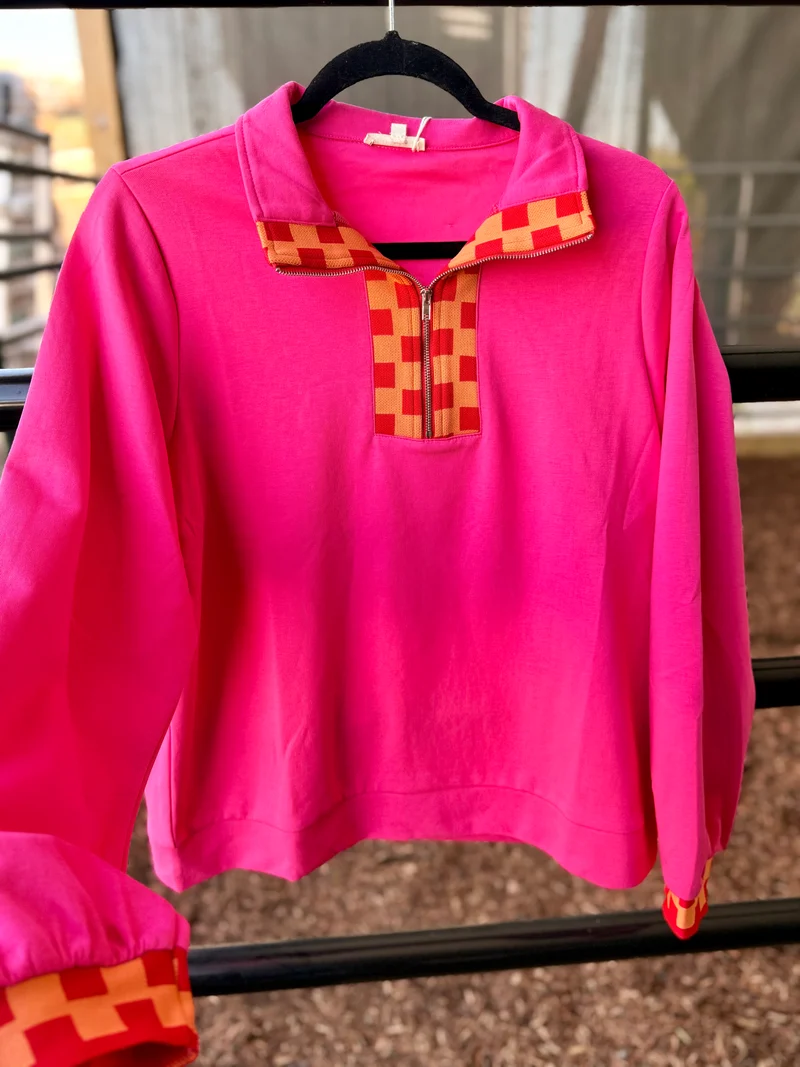 Hot Pink Checker Contrast 1/4 Zip Sweatshirt