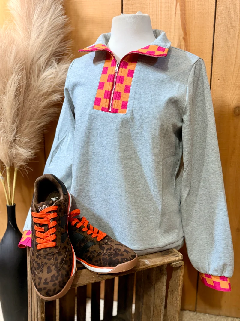 Grey Checker Contrast 1/4 Zip Sweatshirt